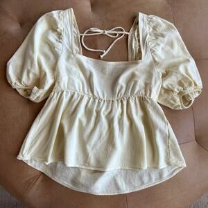 Linen Babydoll Puff Sleeve Top Open Back Bow Romantic Prairie Butter Yellow S